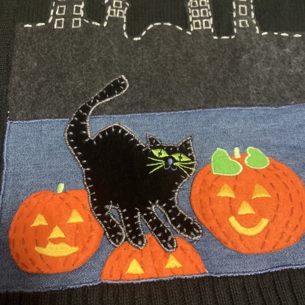 Vintage White Stag Halloween Sweater Vest XL Black Cat Pumpkin Witch Moon Zip Up - Picture 2 of 7